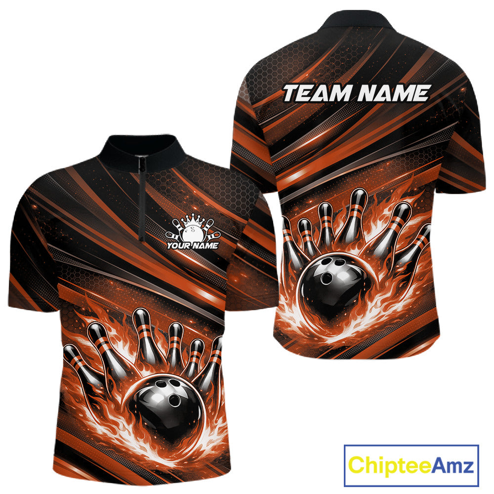 Front and back view of a black and orange men’s bowling quarter-zip shirt showcasing a fiery bowling ball striking pins with abstract stripe graphics.