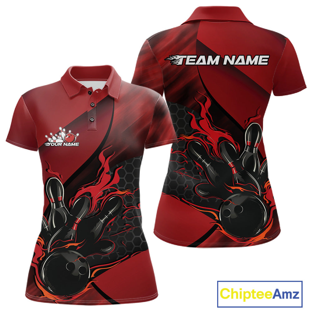 Front and back view of a black and red women’s bowling polo shirt showcasing a flaming bowling ball striking pins over a hexagon motif.