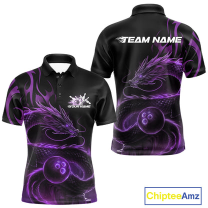 Custom Purple Tribal Flame Dragon Bowlin Team Men Polo Shirt, Dragon Bowling Jerseys IPHW10231