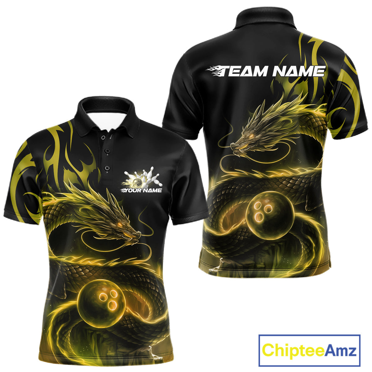Custom Gold Tribal Flame Dragon Bowlin Team Men Polo Shirt, Dragon Bowling Jerseys IPHW10232