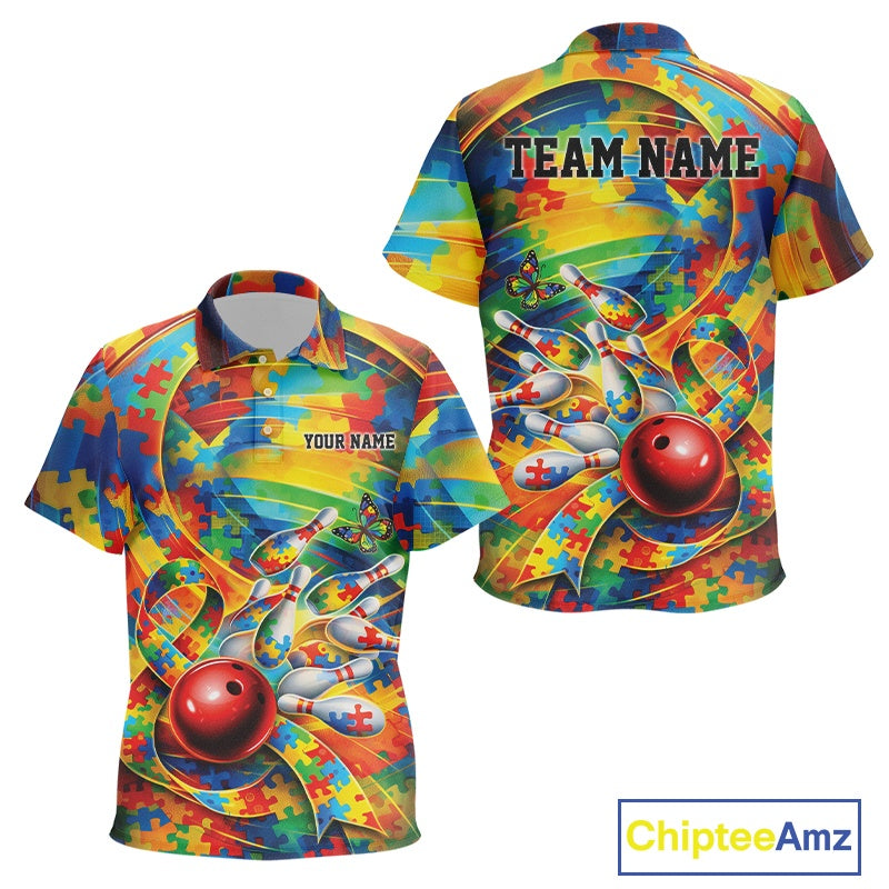 Kid’s polo shirt mockup front and back featuring autism puzzle bowling theme with vibrant multicolor accents and bowling-inspired artwork