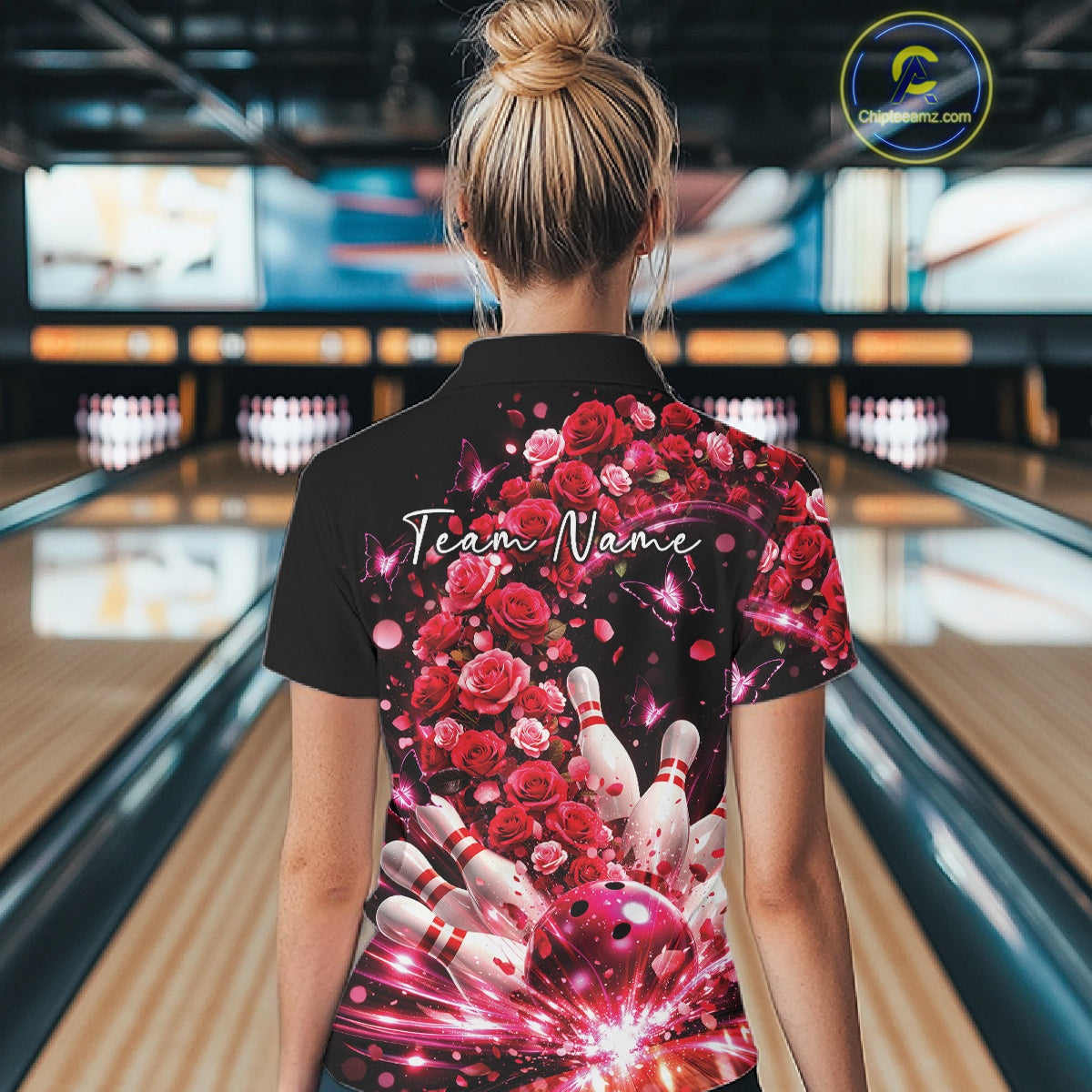 Custom Beautiful Red Roses And Butterfly Women Bowling Team Shirt, Bowling League Shirt IPHW10888