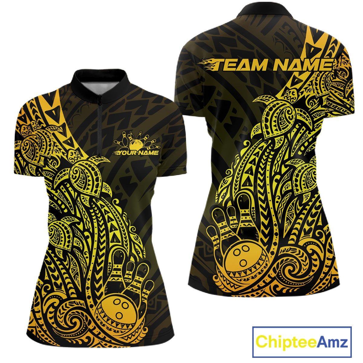 Front and back views of a black and gold womens bowling quarter-zip shirt with bowling ball and pin artwork accented by tribal swirls.