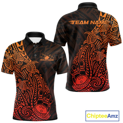 Front and back views of a black and red orange mens bowling polo shirt showcasing bowling pins and a ball surrounded by tribal swirls and turtle-inspired patterns.