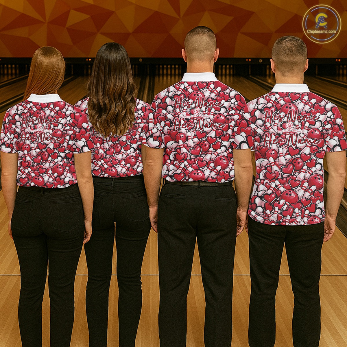 Custom Red Heart Theme Valentine Bowling Couple Shirt, Love Bowling Jerseys With His Name And Her Name IPHW10477