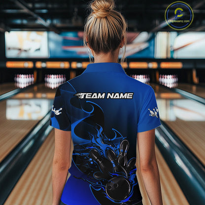 Custom Black And Blue Flame Bowling Women Quarter-Zip Shirt, Bowling Tournament Shirt IPHW9871