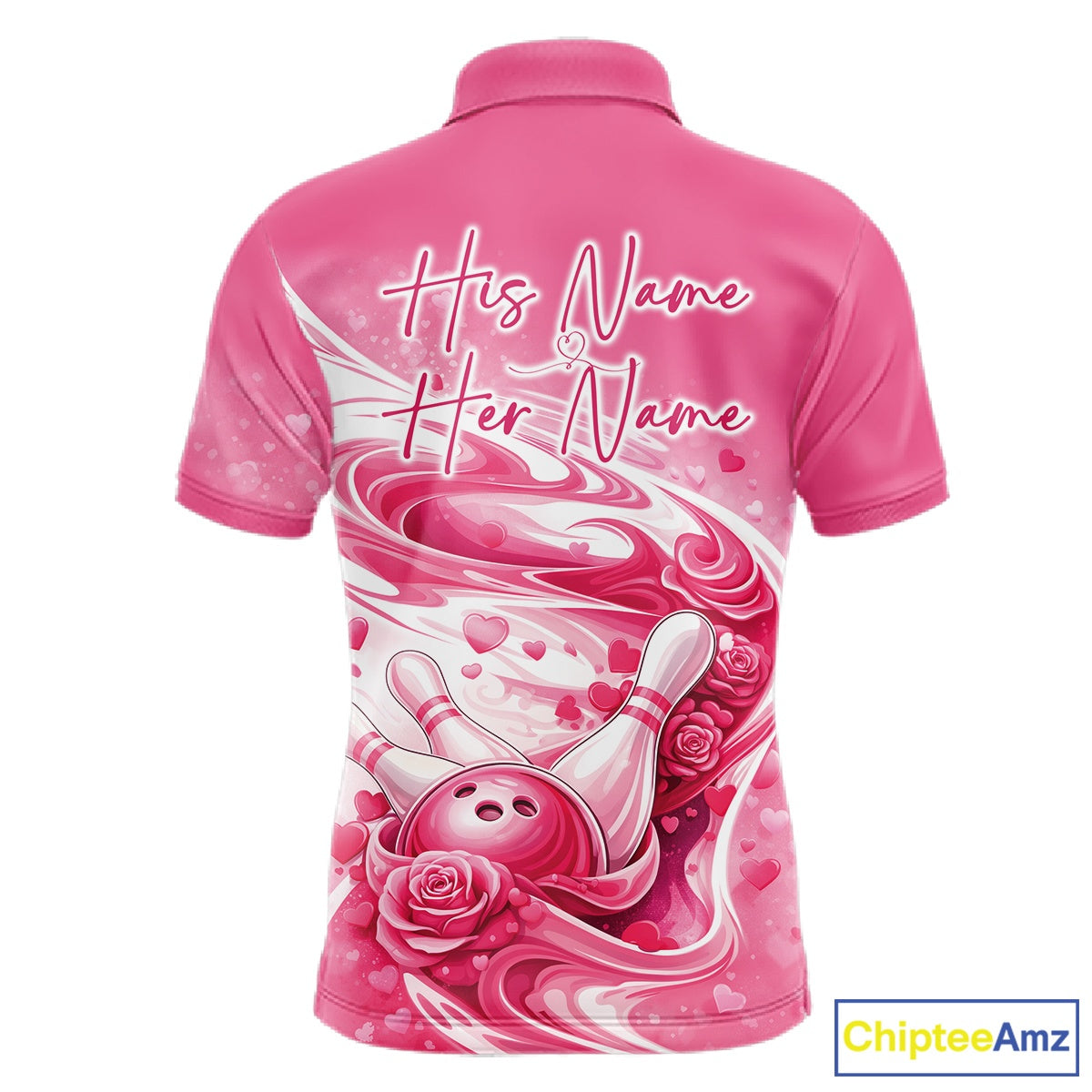 Custom Pink Heart Valentine Bowling Couples Shirt, Heart And Roses Bowling Husband And Wife Gifts With Name IPHW10518