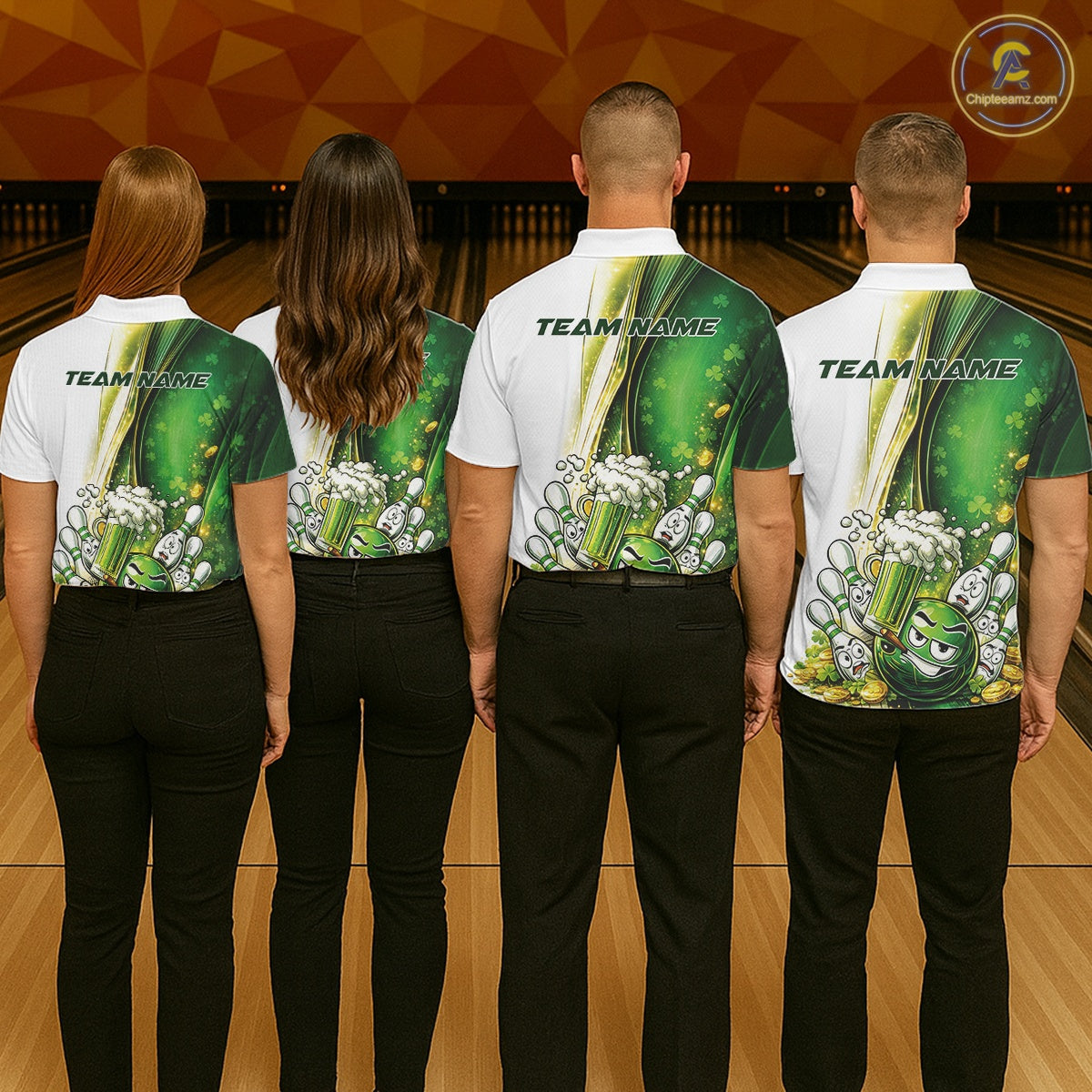 Custom Funny St Patricks Party Beer Bowling Team Shirts, Green Shamrock And Gold Coin Bowling Jerseys IPHW10522