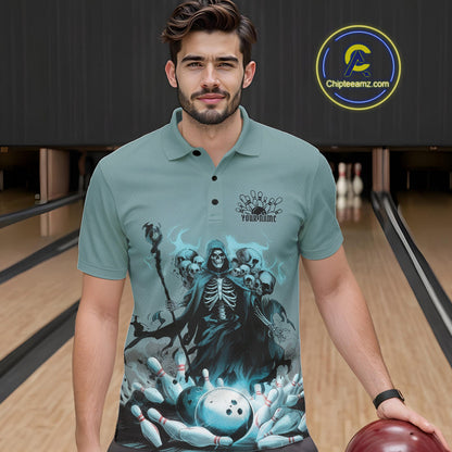 Custom Blue Flame Grim Reaper Bowling Men Polo Shirts, Piles Of Skull Halloween Outfit IPHW9897