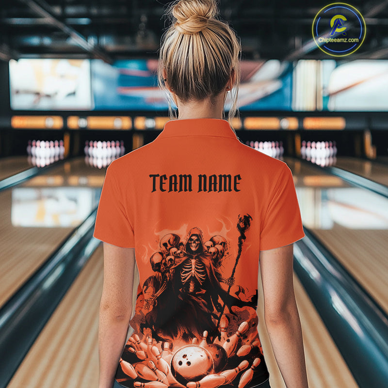 Custom Orange Flame Grim Reaper Bowling Women Quarter-Zip Shirts, Skull Halloween Outfit IPHW9898