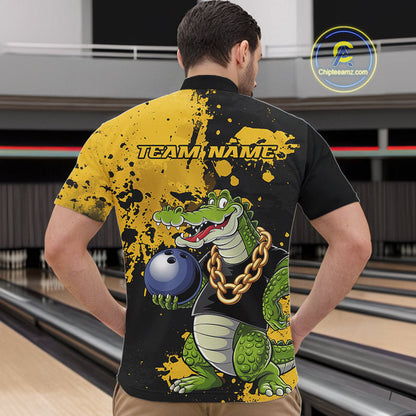 Custom Yellow Splatter Funny Alligator Bowling Men Quarter-Zip Shirts, Bowling Team Shirts IPHW9920
