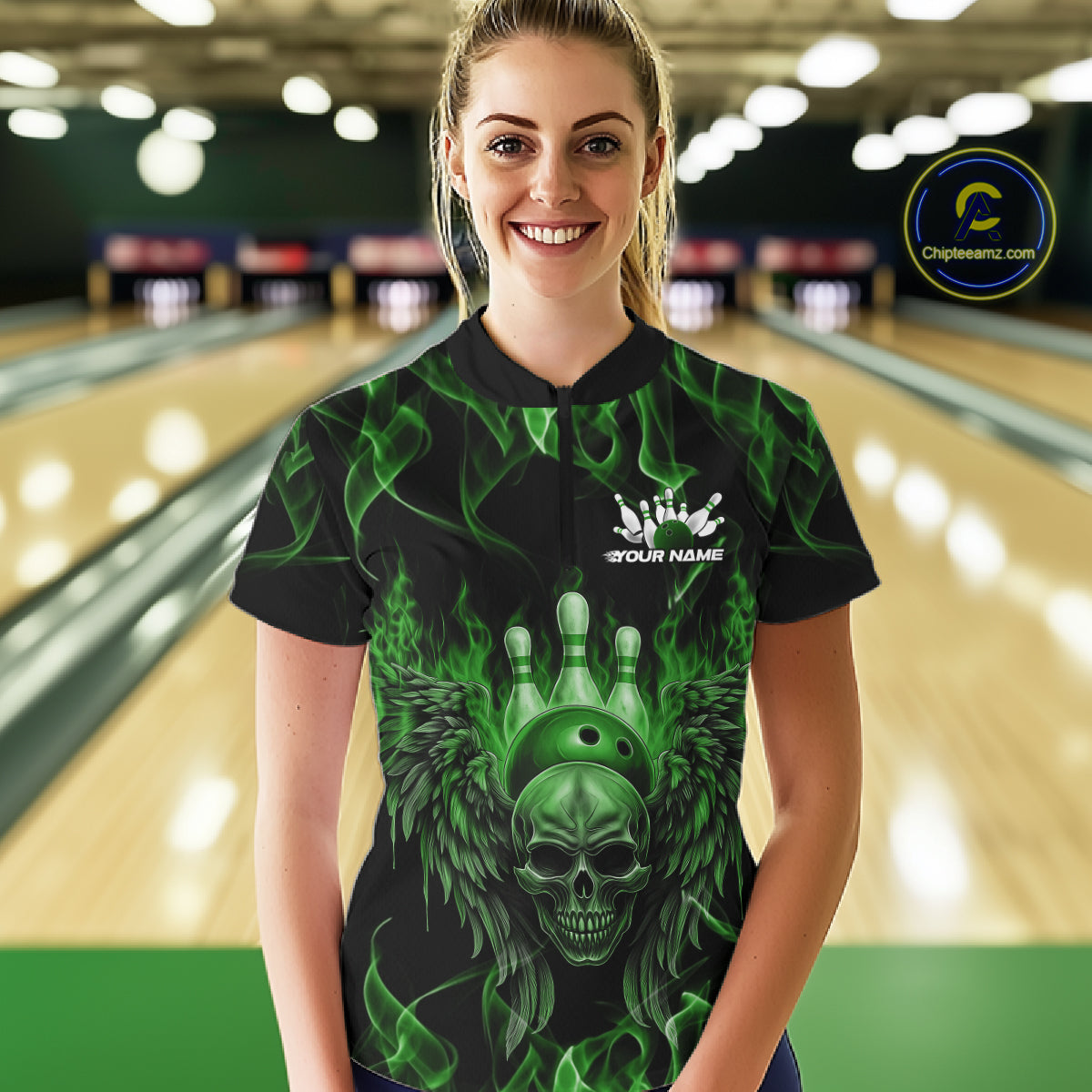 Custom Black And Green Flame Skull With Wings Women Bowling Shirt, Halloween Team Shirt IPHW10167