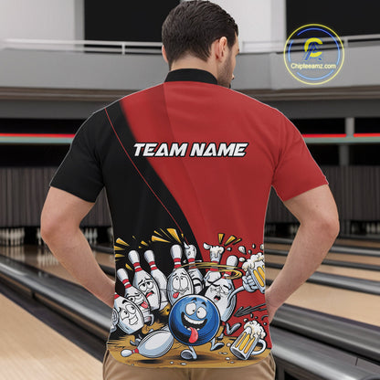 Custom Red Funny Bowling Men Quarter-Zip Shirts, Bowling And Beer Party Bowlers Outfit IPHW10816