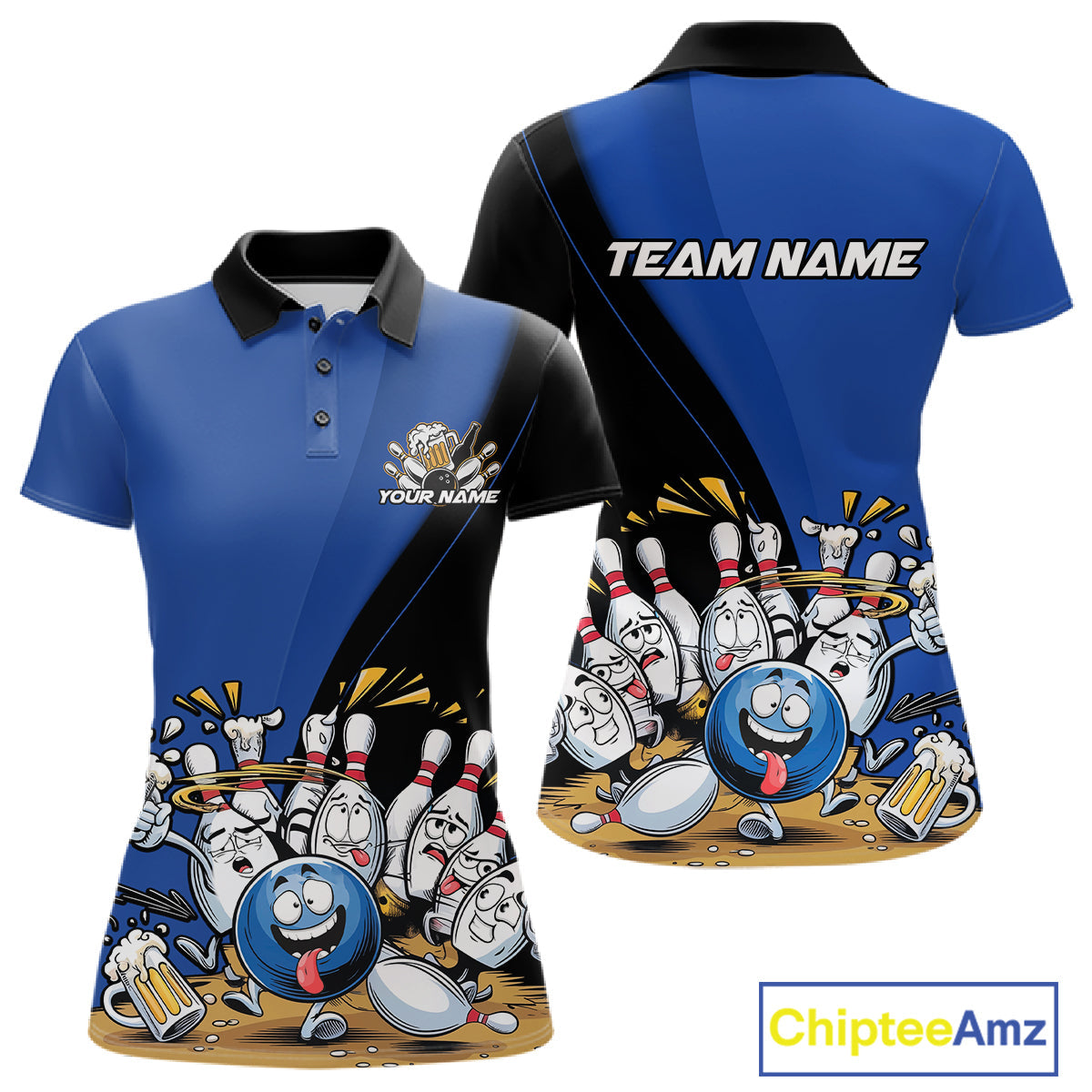Custom Blue Funny Bowling Women Polo Shirts, Bowling And Beer Party Bowlers Outfit IPHW10818