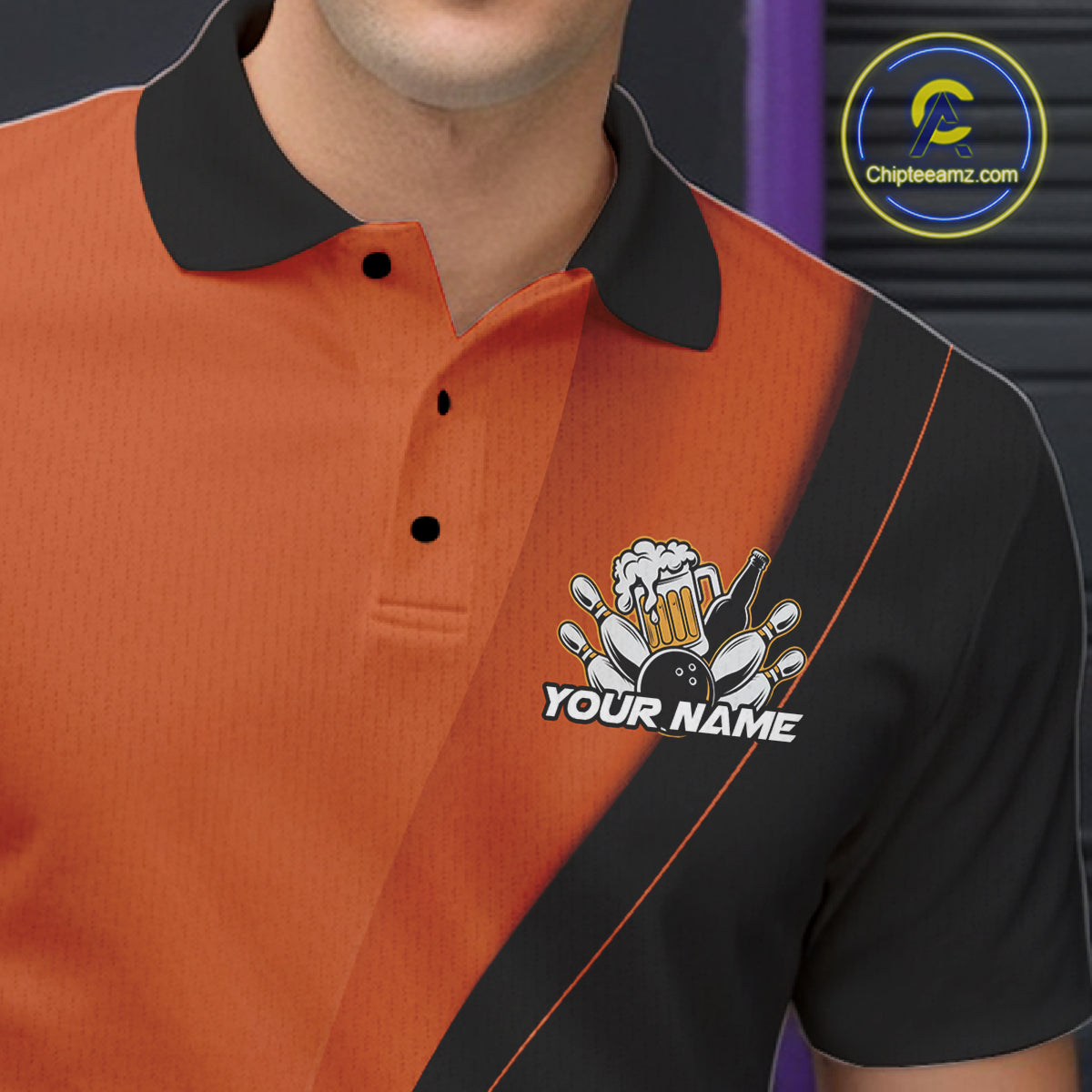 Custom Orange Funny Bowling Men Polo Shirts, Bowling And Beer Party Bowlers Outfit IPHW10820