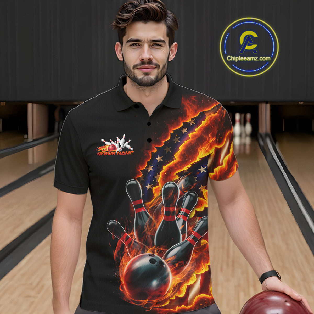 Custom Patriotic Flame Men Bowling Team Shirt, US Flag Bowling League Team Shirt IPHW10193
