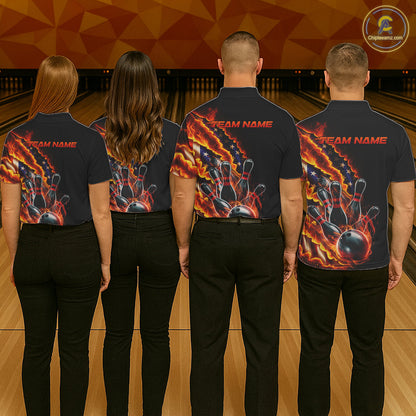 Custom Patriotic Flame Men Bowling Team Shirt, US Flag Bowling League Team Shirt IPHW10193