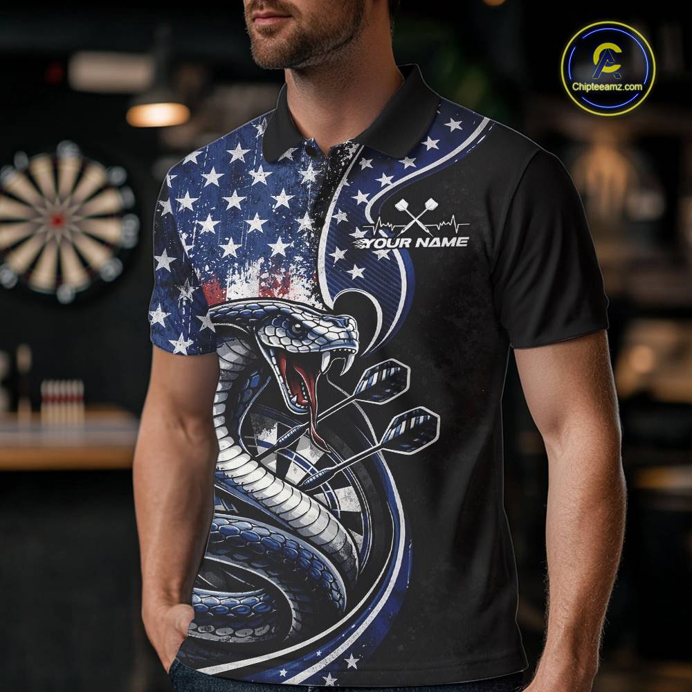Custom Grunge US Flag Patriotic Cobra Snake Dart Men Polo Shirt, Dart Jerseys IPHW10392