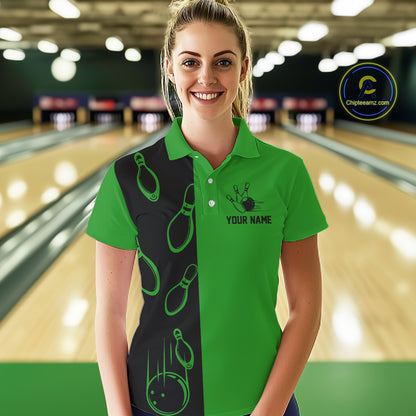 Green and Black retro vintage Bowling polo, quarter zip shirts for Women custom Bowling team jerseys NQS11564
