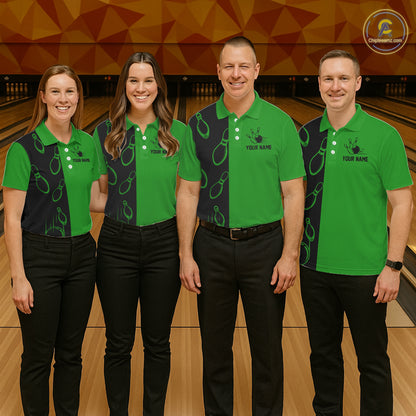 Green and Black retro vintage Bowling polo, quarter zip shirts for Women custom Bowling team jerseys NQS11564