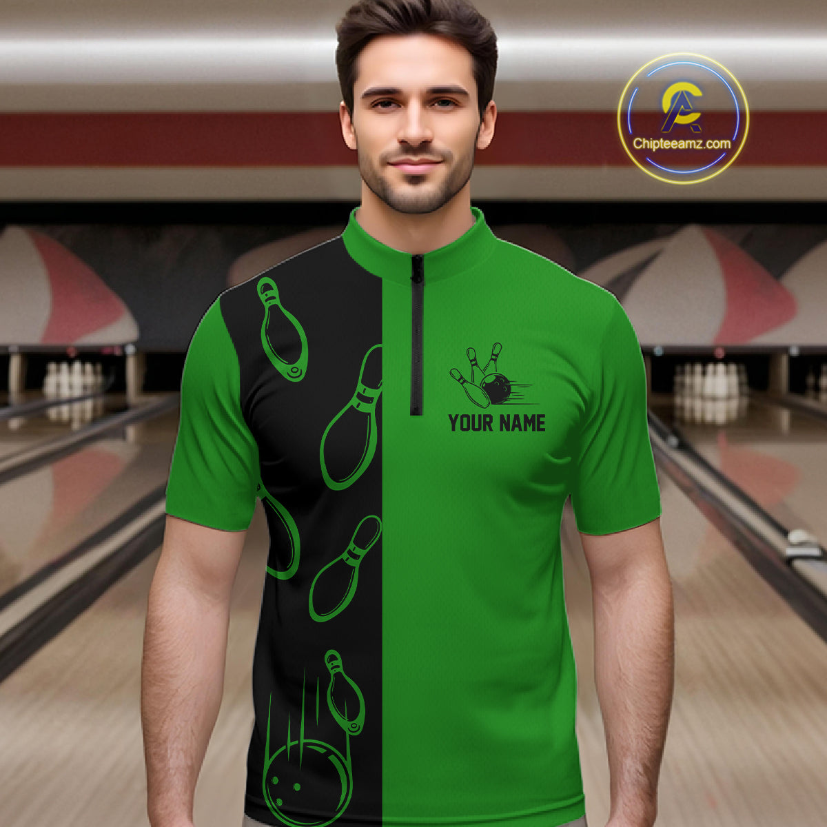 Green and Black retro vintage Bowling polo, quarter zip shirts for men custom Bowling team jerseys NQS11564