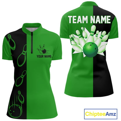 Green and Black retro vintage Bowling polo, quarter zip shirts for Women custom Bowling team jerseys NQS11564