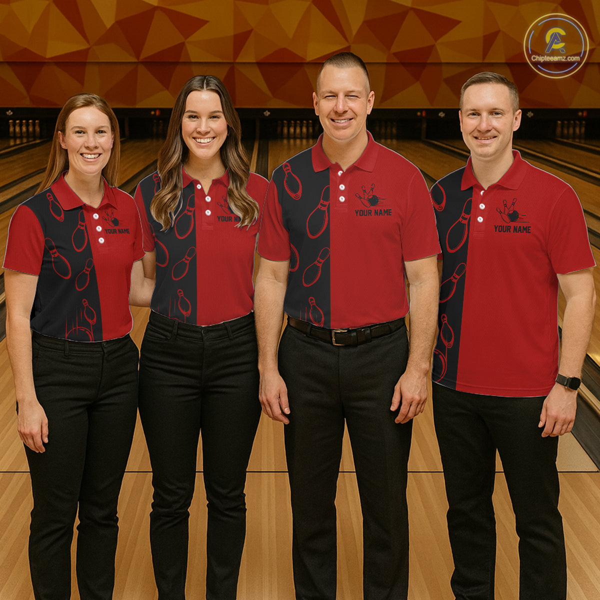 Red and Black retro vintage Bowling polo, quarter zip shirts for Women custom Bowling team jerseys NQS11565