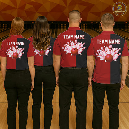 Red and Black retro vintage Bowling polo, quarter zip shirts for Women custom Bowling team jerseys NQS11565