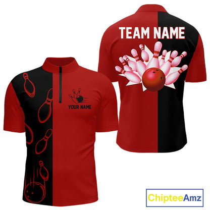 Red and Black retro vintage Bowling polo, quarter zip shirts for men custom Bowling team jerseys NQS11565