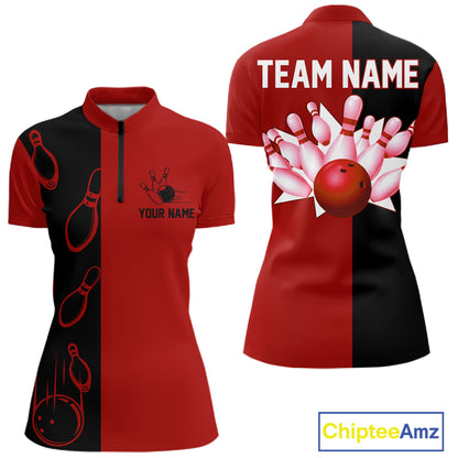 Red and Black retro vintage Bowling polo, quarter zip shirts for Women custom Bowling team jerseys NQS11565