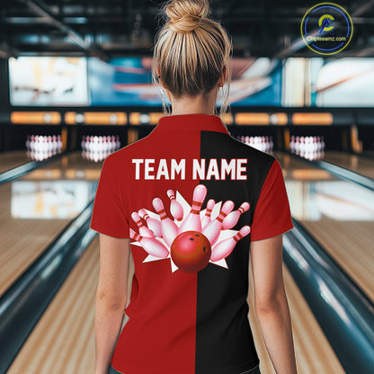 Red and Black retro vintage Bowling polo, quarter zip shirts for Women custom Bowling team jerseys NQS11565