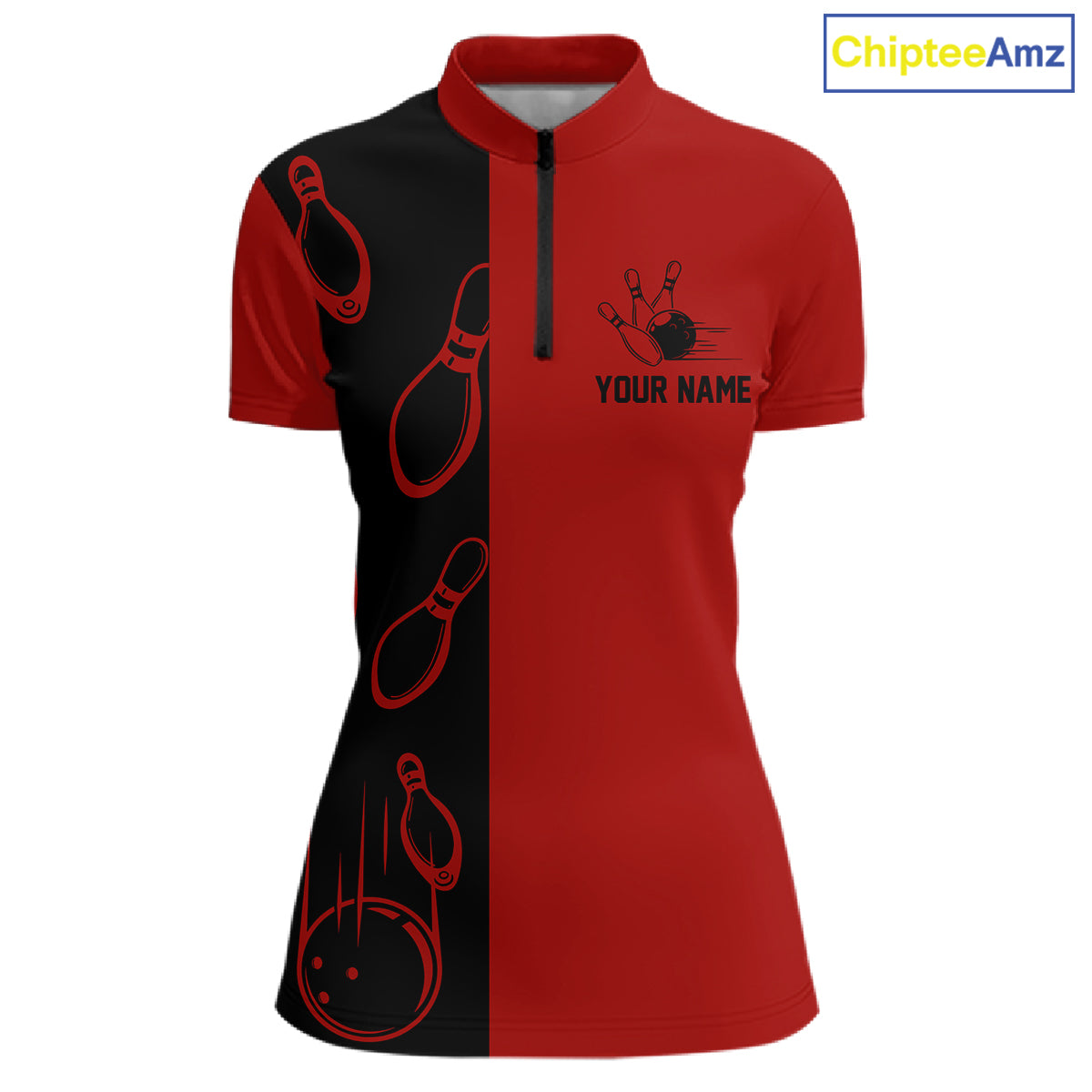 Red and Black retro vintage Bowling polo, quarter zip shirts for Women custom Bowling team jerseys NQS11565