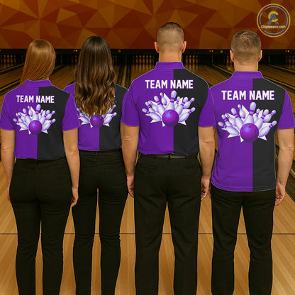 Purple and Black retro vintage Bowling polo, quarter zip shirts for Women custom Bowling team jerseys NQS11566
