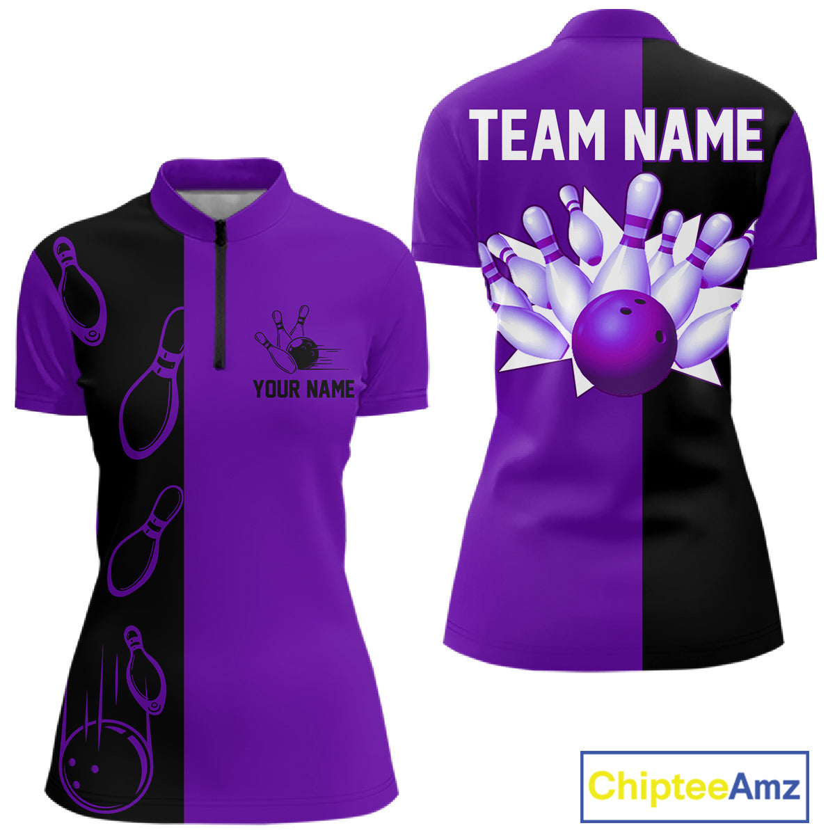 Purple and Black retro vintage Bowling polo, quarter zip shirts for Women custom Bowling team jerseys NQS11566