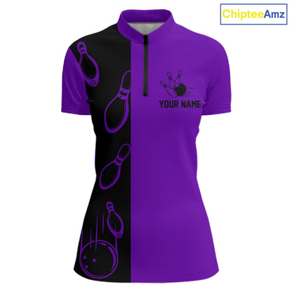 Purple and Black retro vintage Bowling polo, quarter zip shirts for Women custom Bowling team jerseys NQS11566