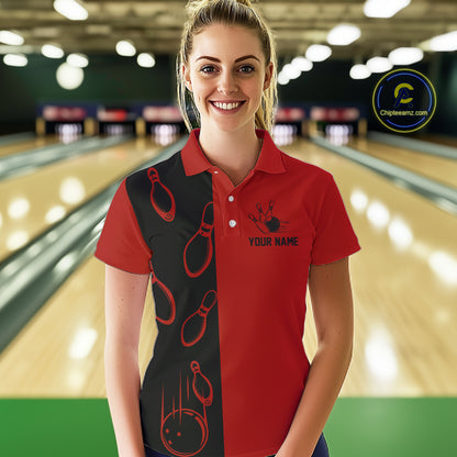 Red and Black retro vintage Bowling polo, quarter zip shirts for Women custom Bowling team jerseys NQS11565