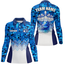 Load image into Gallery viewer, Blue Geometric pattern bowling ball and pins custom Women Bowling Polo Shirts, team bowling jerseys NQS7452