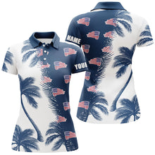 Load image into Gallery viewer, Blue and white palm tree pattern American flag Womens golf polo shirts personalized golf outfit women NQS5954