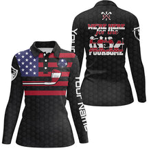 Load image into Gallery viewer, Black American flag Womens golf polo shirts custom name we're here for the foursome patriot golf gifts NQS5769