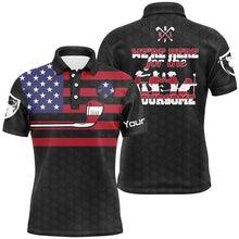 Load image into Gallery viewer, Black American flag mens golf polo shirts custom name we're here for the foursome patriot golf gifts NQS5769