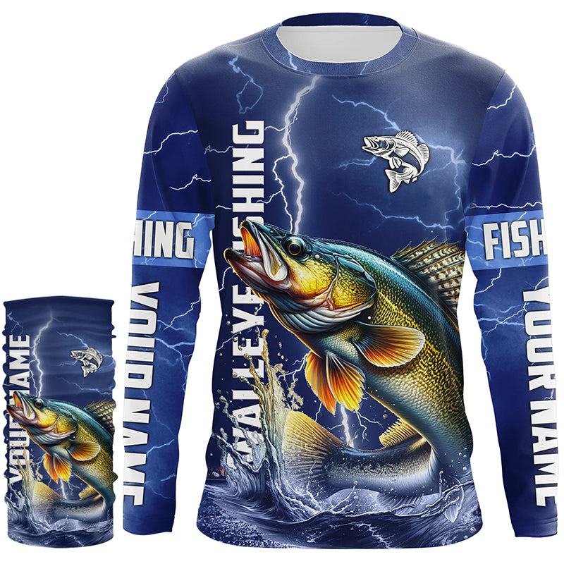 Walleye Fishing blue lightning jerseys custom name performance Long Sleeve tournament fishing shirts NQS5352