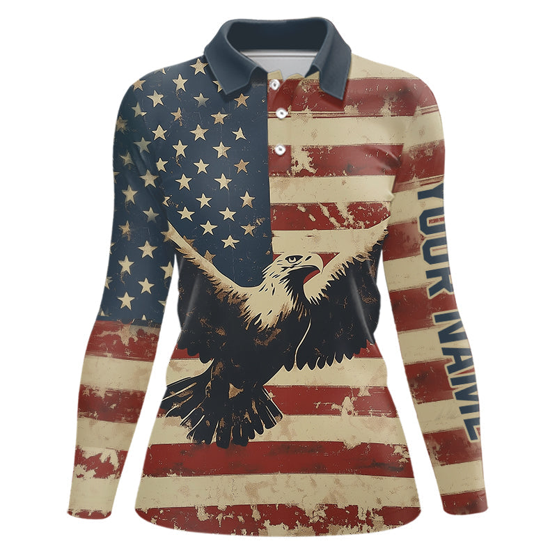 Personalized Vintage Eagle American flag Golf Polo Shirts For Women Custom Patriotic Ladies Golf shirt NQS9632