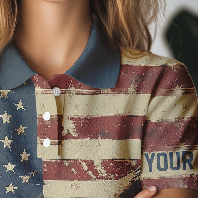 Personalized Vintage Eagle American flag Golf Polo Shirts For Women Custom Patriotic Ladies Golf shirt NQS9632