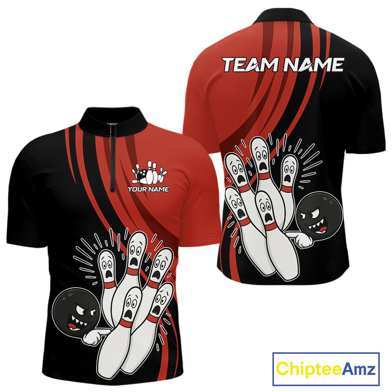Funny Bowling ball and pins Black and Red Bowling Team Shirts For Men Custom Retro Bowling Jerseys NQS10225