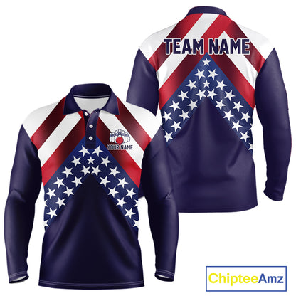 Red, White & Blue American Flag Mens Bowling Polo, 1/4 Zip Shirt Custom Patriotic Team Bowling Jersey NQS10226