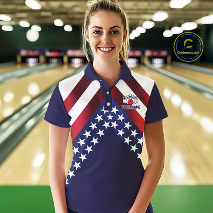 Red, White & Blue American Flag Women Bowling Shirts Custom Patriotic Team Bowling Jersey NQS10226