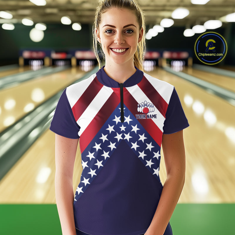 Red, White & Blue American Flag Women Bowling Shirts Custom Patriotic Team Bowling Jersey NQS10226