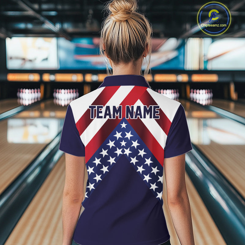 Red, White & Blue American Flag Women Bowling Shirts Custom Patriotic Team Bowling Jersey NQS10226