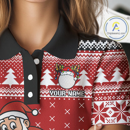 Funny Santa Golf Polo shirts For women Red ugly Christmas pattern Custom ladies Christmas golf shirts NQS11000