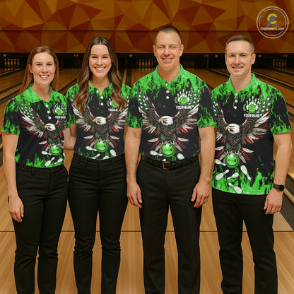 Green flame Womens bowling shirts Custom American flag Eagle Team bowling shirts, gift for bowlers NQS11188